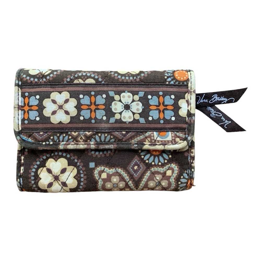 Vera Bradley Boho Brown Blue Orange Floral Quilted Snap Trifold Wallet